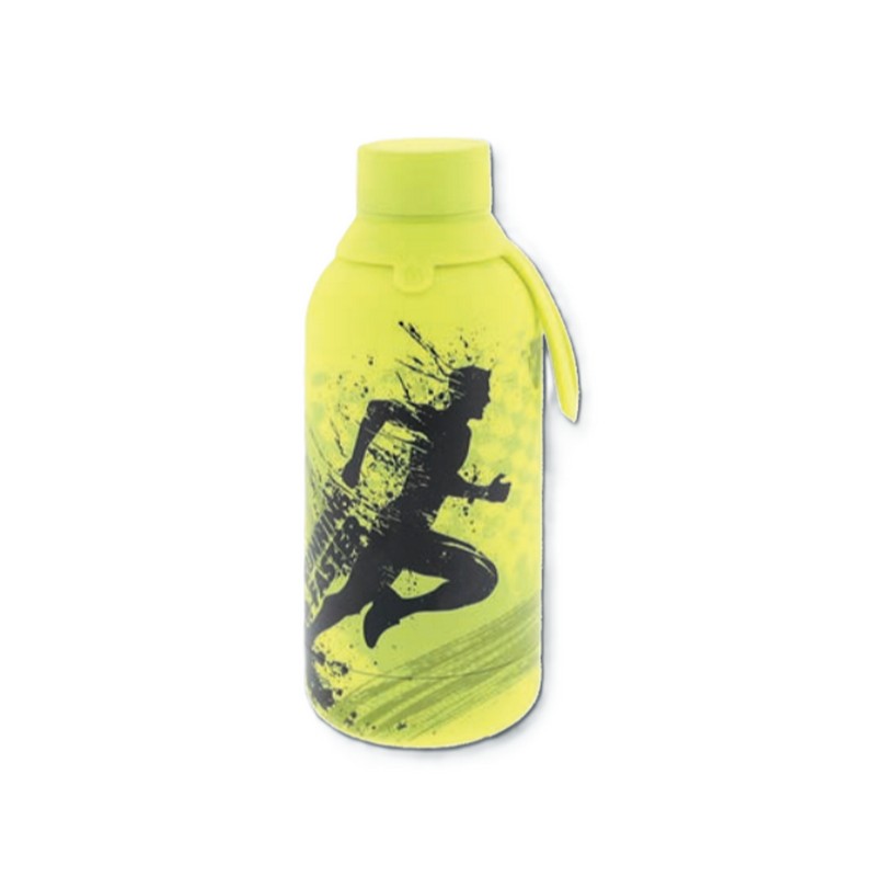 Borraccia termica gialla fluo decorata a tema running in acciaio inox doppia parete da 500 ml